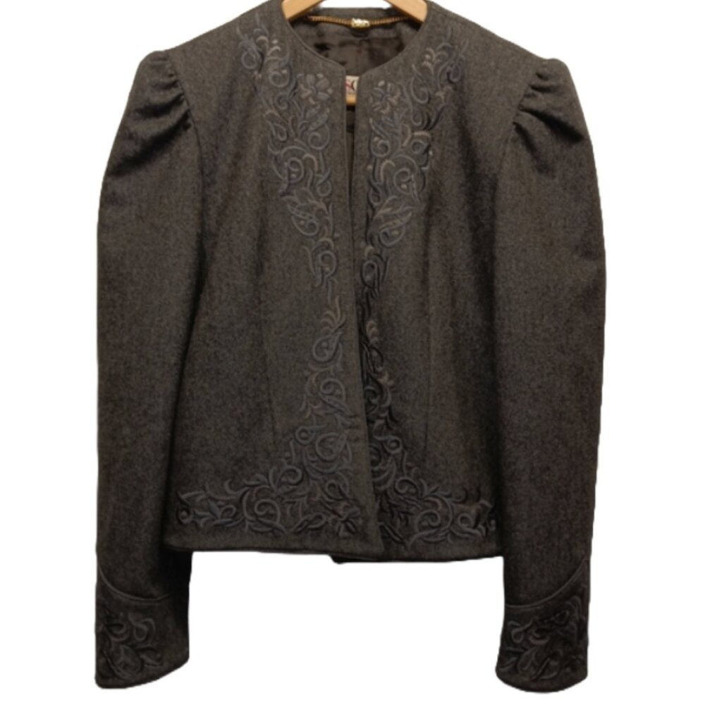 Vintage Escada Gray Wool Flannel Jacket Embroidery Detail Open Front Size 8/38